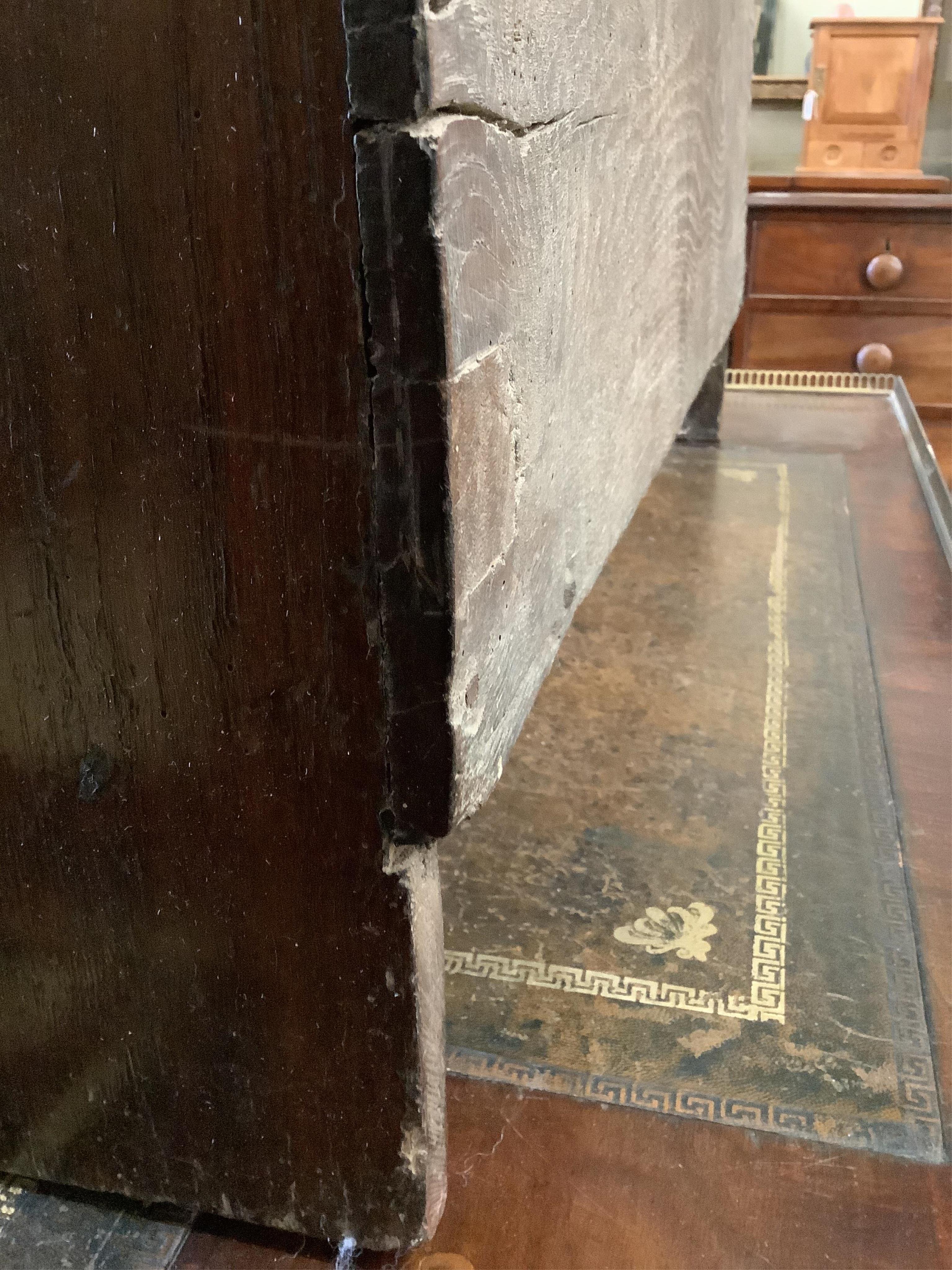 A small 18th century and later oak six plank coffer, width 86cm, depth 33cm, height 43cm. Condition - fair